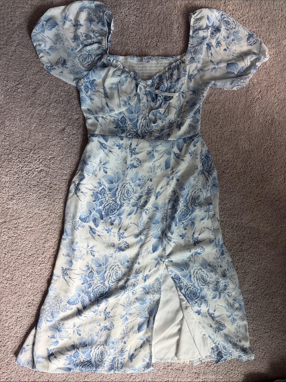 Baltic Born Cream Dress with Blue Floral Print and Puff Sleeves